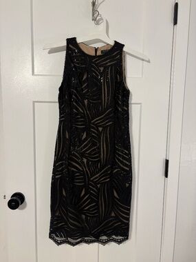 Lauren Ralph Lauren Evening Dress Womens Black Beige Sequin Lace Formal Party 8